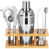 Set Cocktail Shaker Kit pentru barmani 550ml, KI22, suport bambus, 9 piese Household NewTrend