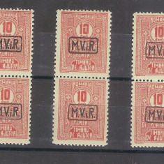 1918 - MVIR, supratipar pe taxa plata- timbre de ajutor, 10 bani rosu, 3 perechi