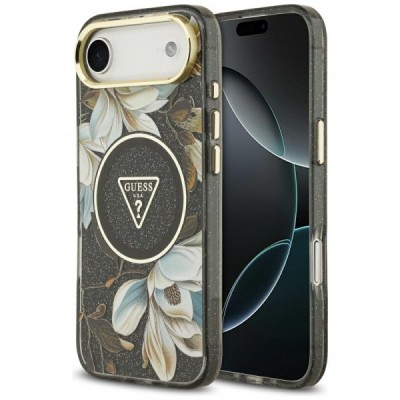 Husa MagSafe pentru Apple iPhone 17 Air, Guess, IML Metal Glitter Flowers Triangle, Neagra foto