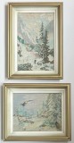 Set 2 Tablouri Goblen anii 80 Peisaje de Iarnă cusute manual pas mic &icirc;nrămate 32x38cm