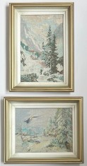 Set 2 Tablouri Goblen anii 80 Peisaje de Iarnă cusute manual pas mic &icirc;nrămate 32x38cm