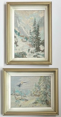 Set 2 Tablouri Goblen anii 80 Peisaje de Iarnă cusute manual pas mic &amp;icirc;nrămate 32x38cm foto