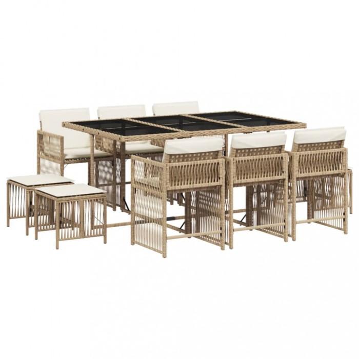 Set mobilier de gradina cu perne, 11 piese, bej, poliratan