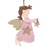 Cumpara ieftin Ornament Brad Crăciun, Ingeraș, Lemn și Poliester, Aripi Glitter Champagne, Blană Roz, Stele, 14 cm