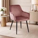 Scaun stil fotoliu bucatarie/living, Artool, Solden, catifea roz, picioare metal negru, 55x45.5x83.5 cm