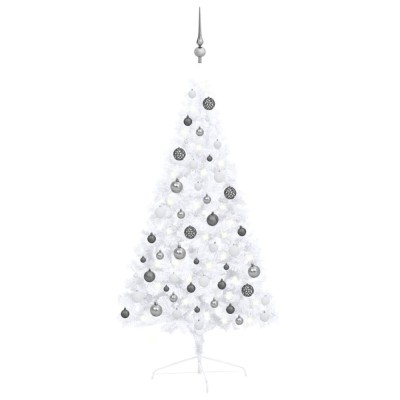 Jumătate brad Crăciun artificial cu set globuri, alb, 120 cm foto