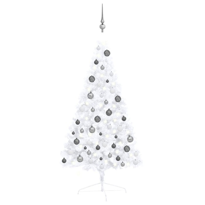 Jumătate brad Crăciun artificial cu set globuri, alb, 120 cm
