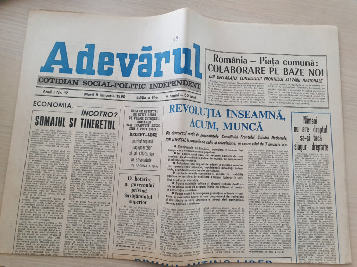 adevarul 9 ianuarie 1990-articole revolutia romana,primul miting liber