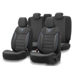 Cumpara ieftin Set huse scaune textil cu piele ecologica TORO Design - Neagra cu cusatura albastra, pentru scaune fata si spate