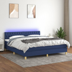 vidaXL Pat cu arcuri, saltea și LED, albastru, 180x200 cm, textil