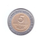Moneda Bolivia 5 bolivianos 2001, stare buna, curata