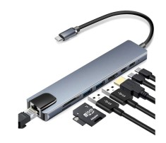 Adaptor 8in1 Audio Video Retea Hub USB Tip C la USB Tip C &amp; 4K UHD &amp; HDMI &amp; USB A &amp; Card SD/TF/MicroSD Reader &amp; RJ45