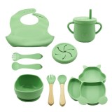 Set 10 piese diversificare bebelusi si copii din silicon eMazing, baveta, farfurie , bol cu ventuza, verde
