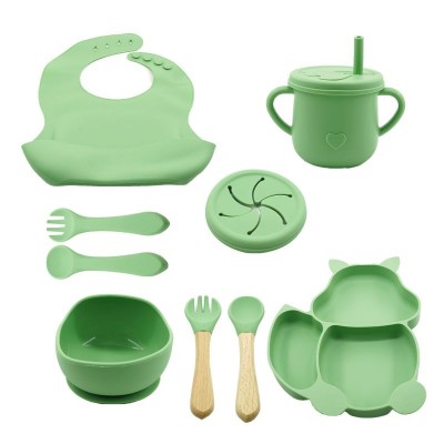 Set 10 piese diversificare bebelusi si copii din silicon eMazing, baveta, farfurie , bol cu ventuza, verde foto