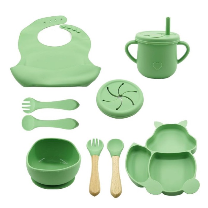 Set 10 piese diversificare bebelusi si copii din silicon eMazing, baveta, farfurie , bol cu ventuza, verde
