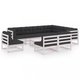 Set mobilier grădină cu perne, 10 piese, alb, lemn masiv pin