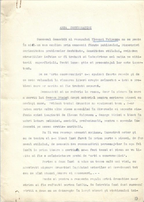 A3384N Nicolae Carandino, recenzie semnată olograf a piesei de teatru Arta conversației după romanul omonim de Ileana Vulpescu