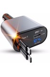 Incarcator auto multiplu 4 in 1, THD, incarcare rapida, putere maxima 66W, afisaj digital, design cu doua cabluri retractabile UCB Type C si Apple, 2