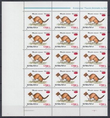 ROMANIA 2000 LP 1505 FAUNA 97 SUPRATIPAR COROANA BLOC DE 15 TIMBRE MNH foto