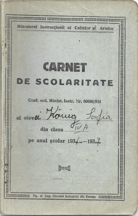 A3665N Carnet de scolaritate, Liceul de fete Oltea Doamna, Cernăuți, 1936