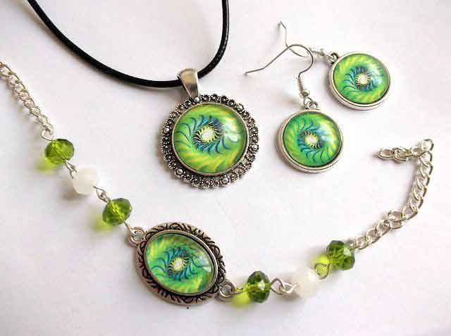 Set mandala spirala galben cu verde, set bratara, cercei si pandantiv 32953