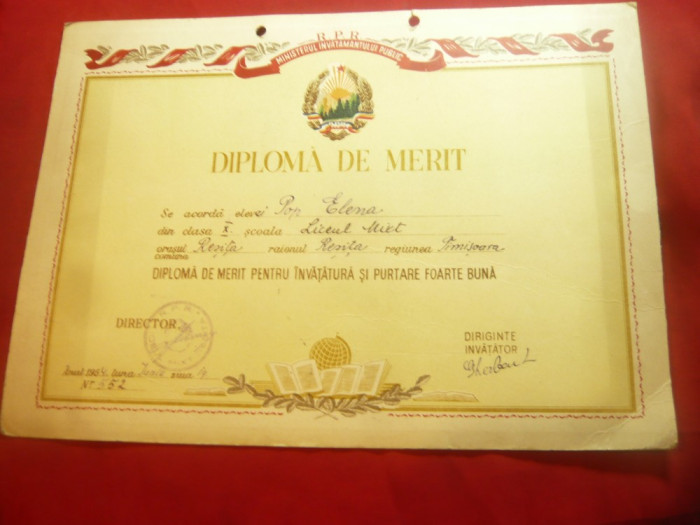 Diploma Merit pe carton Liceul Mixt Resita 1954 ,cl.X