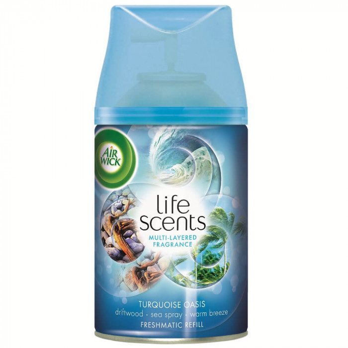 AIR WICK Rezerva Spray Odorizant Freshmatic, Turquoise Oasis, 250ml, Parfum Oceanic, Spray tip Aerosol, Odorizant Camera, Odorizant Parfumat Camera, S