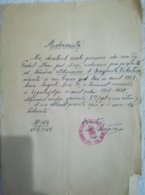 1948, Adeverinta scoala primară Tg. Podul Iloaei Iasi comunism Silionescu Marga foto