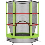 HOMCOM Saltea Elastică pentru Copii 3-6 Ani cu Plasă de Protecție, 6 St&acirc;lpi și 3 Intrări, &Oslash;140x190 cm, Verde | Aosom Romania