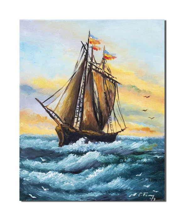 Tablou cu velier pictat manual 50x40cm pictura ulei pe panza, Constantin Feraru