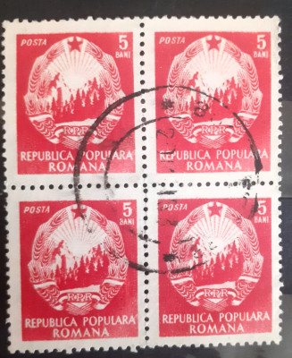 Romania 1953 Lp 339 stema cu stea, bloc de 4 timbre, 5b rosu ștampilate foto