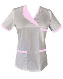 Halat Medical Pe Stil, Alb cu Elastan Cu Paspoal si Garnitură roz deschis, Model Nicoleta - 2XL