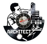 Ceas de perete decorativ realizat din disc de vinil, Model Arhitect si Schita Cladirilor, Text Architect, Negru, 30 cm