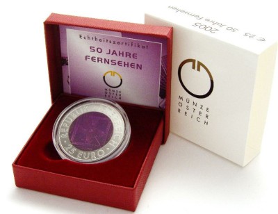 AUSTRIA 2005 &amp;ndash; 50 ANI - TELEVIZIUNE - 25 Euro Argint+Niobium - Bimetalic foto