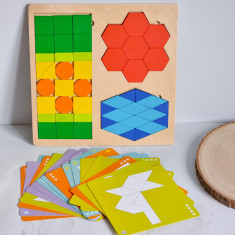 Joc educativ Tangram din lemn Forme geometrice + Carduri activitati, 3 ani +