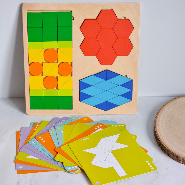 Joc educativ Tangram din lemn Forme geometrice + Carduri activitati, 3 ani +
