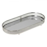 Suport Oval pentru Lum&acirc;nări, Model Tavă cu Oglindă, Culoare Argintie, 33x16.5x3cm, Sticlă și Metal, Oem