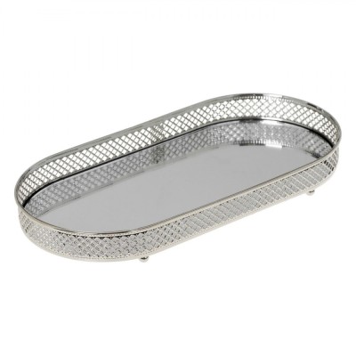Suport Oval pentru Lum&amp;acirc;nări, Model Tavă cu Oglindă, Culoare Argintie, 33x16.5x3cm, Sticlă și Metal foto