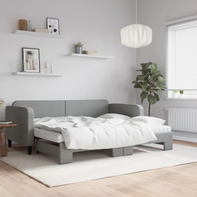 vidaXL Pat de zi cu extensie și saltele, gri deschis 90x190 cm textil 3196844 foto