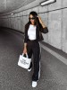 Compleu Smart Casual Negru cu Dungi Laterale , Sacou Crop si Pantaloni Largi pentru Toamna