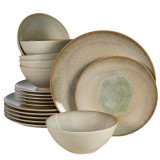 Set farfurii 18 piese, 6 persoane, Shell, Crem deschis lucios, margine maro