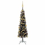 Brad de Crăciun pre-iluminat slim, set globuri, negru, 120 cm