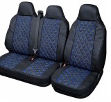 Cumpara ieftin Set huse scaune piele ecologica 2+1 cu tetiera integrata , Negru cu cusatura albastra