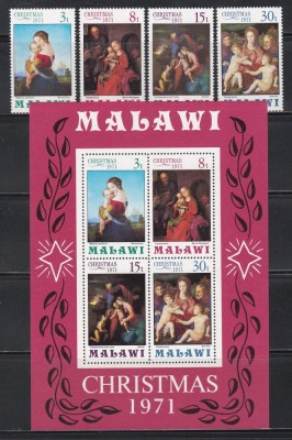 Malawi 1971 - Crăciun - Picturi de Raphael, William Dyce, s.a., Serie + Colita, MNH foto