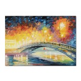 Tablou pictat manual, Peisaj citadin, pod luminat de felinare, 70x50cm ulei pe panza, Spectaculos