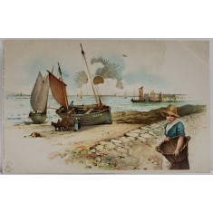 SCENA CU PESCARI SI TINERE DUCAND COSURI DE PESTE LA MARGINEA MARII , CARTE POSTALA ILUSTRATA , CROMOLITOGRAFIE , EMBOSATA , CLASICA