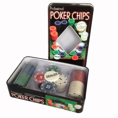 Joc de poker in cutie de aluminiu 4 x 25 jetoane (albastru, verde, alb si rosu) foto