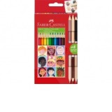 Creioane colorate triunghiulare și bicolore piele Children of the World Faber-Castell 12 + 3 culori/set