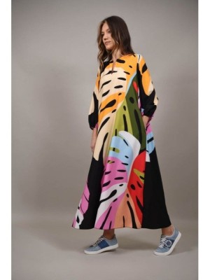 ROCHIE LUNGA MULTICOLORA CU BUZUNARE FRUNZE MAJESTA TALIE UNICA Multicolora foto