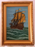 Tablou CORABIE PE MARE, pictat manual in ulei pe panza, dimensiune 37x27 m, Marine, Realism